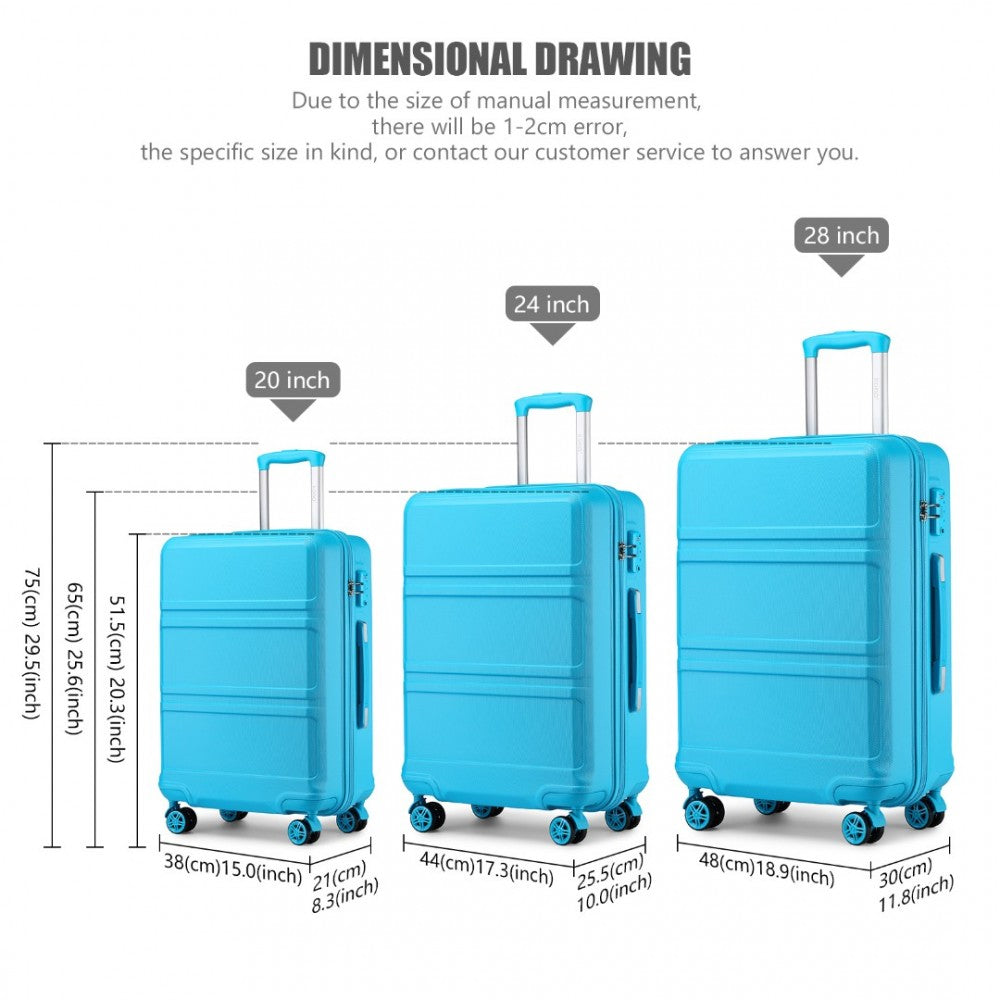 K1871-1L - KONO ABS SCULPTED HORIZONTAL DESIGN 3 PIECE SUITCASE SET - BLUE - The Baggage Shop
