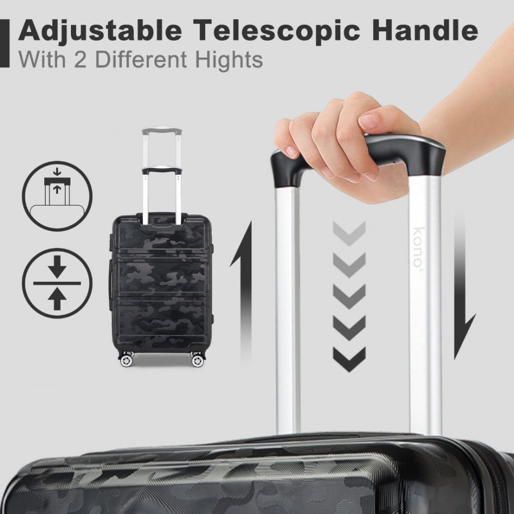 K1871-1L - KONO ABS SCULPTED HORIZONTAL DESIGN 3 PIECE SUITCASE SET - CAMOUFLAGE BLACK - The Baggage Shop