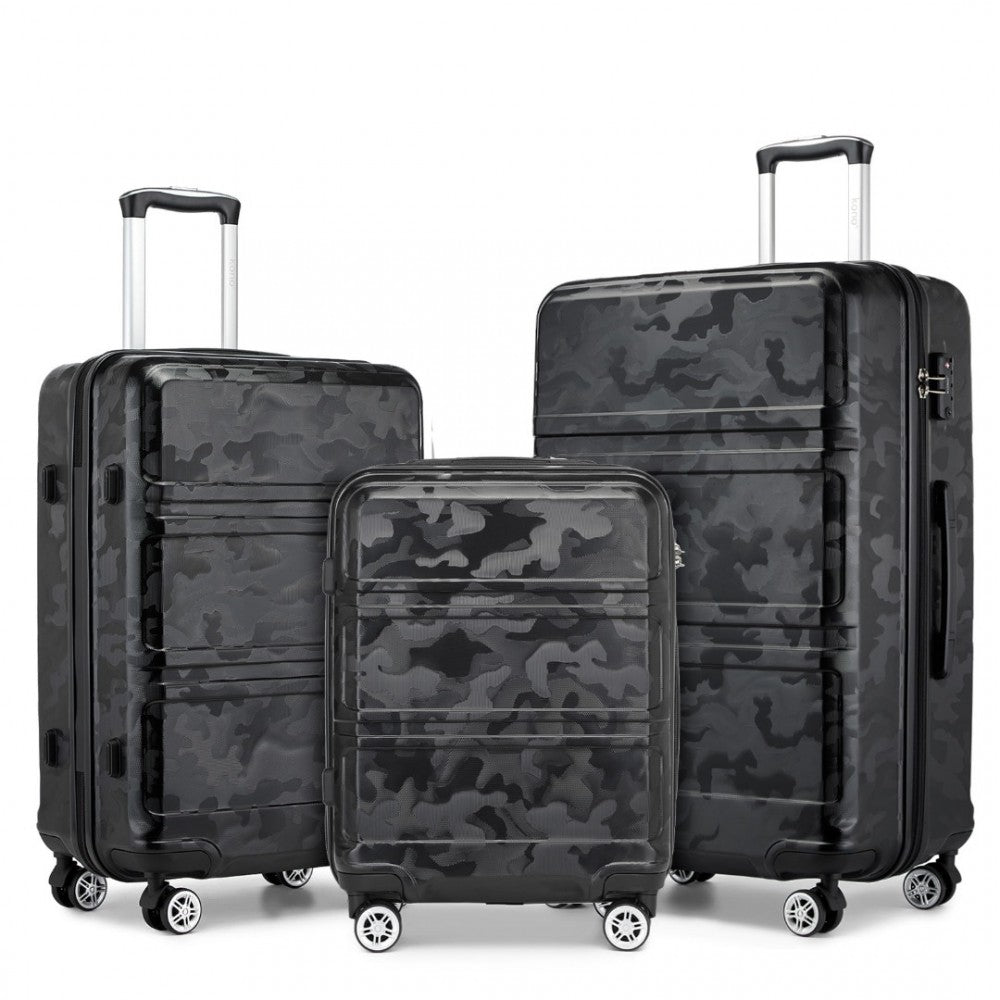 K1871-1L - KONO ABS SCULPTED HORIZONTAL DESIGN 3 PIECE SUITCASE SET - CAMOUFLAGE BLACK - The Baggage Shop