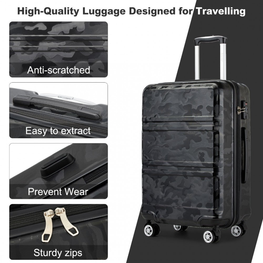 K1871-1L - KONO ABS SCULPTED HORIZONTAL DESIGN 3 PIECE SUITCASE SET - CAMOUFLAGE BLACK - The Baggage Shop