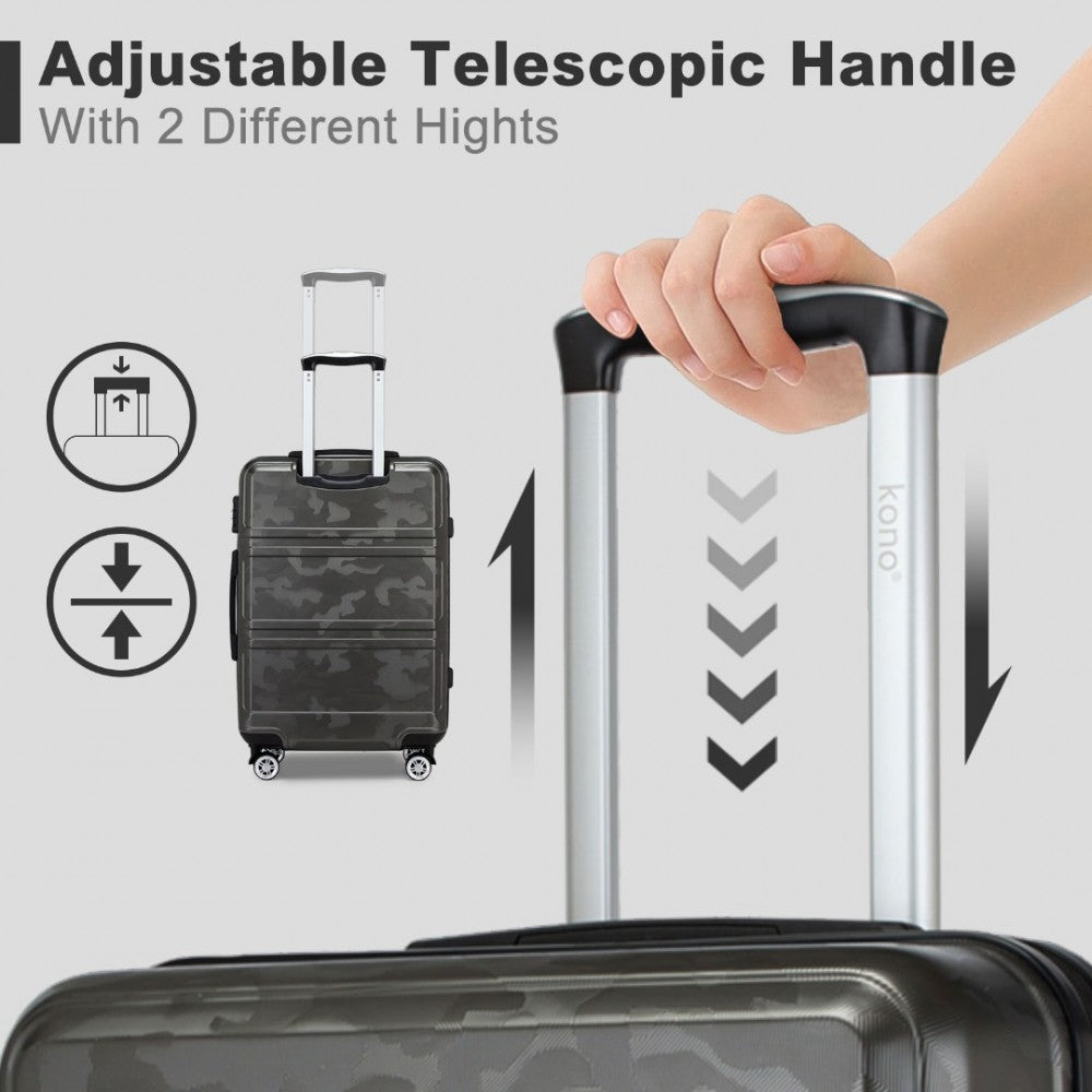 K1871-1L - KONO ABS SCULPTED HORIZONTAL DESIGN 3 PIECE SUITCASE SET - CAMOUFLAGE GREY AND BLACK - The Baggage Shop