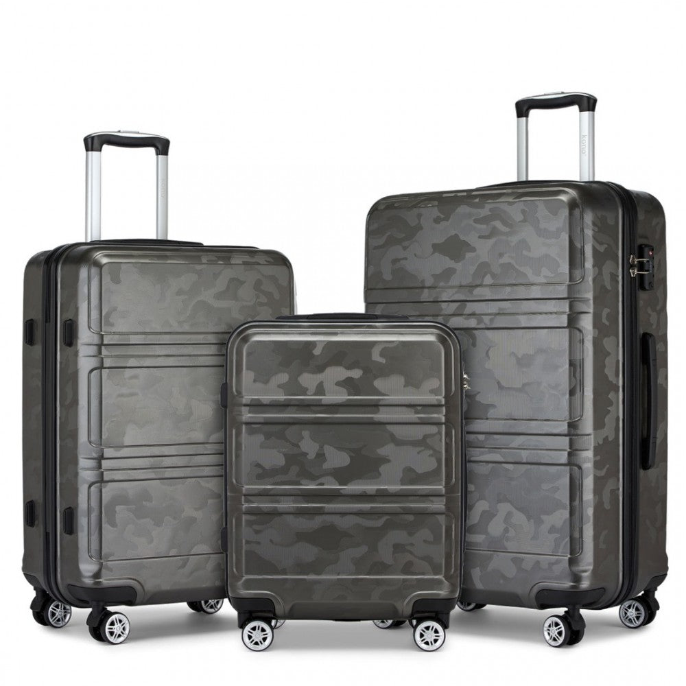 K1871-1L - KONO ABS SCULPTED HORIZONTAL DESIGN 3 PIECE SUITCASE SET - CAMOUFLAGE GREY AND BLACK - The Baggage Shop