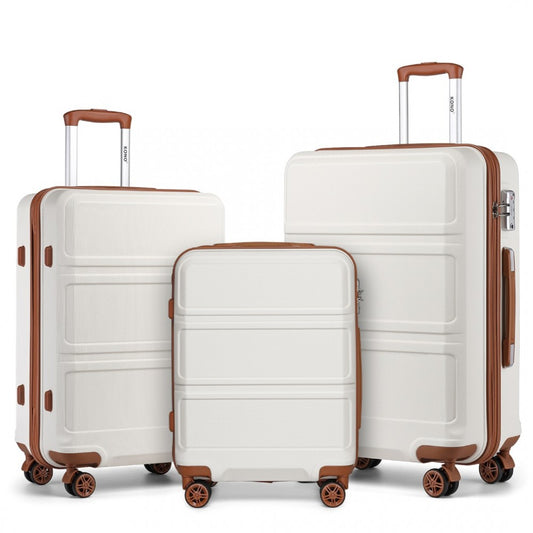 K1871-1L - KONO ABS SCULPTED HORIZONTAL DESIGN 3 PIECE SUITCASE SET - CREAM - The Baggage Shop