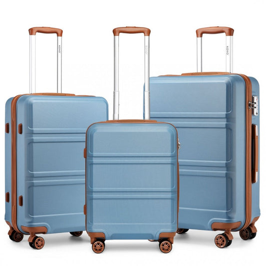 K1871-1L - KONO ABS SCULPTED HORIZONTAL DESIGN 3 PIECE SUITCASE SET - GRAYISH BLUE AND BROWN - The Baggage Shop