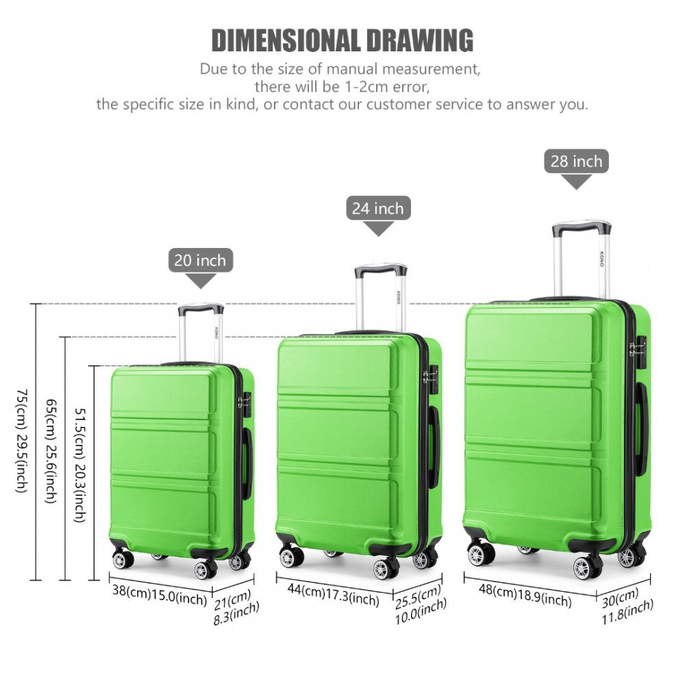 K1871-1L - KONO ABS SCULPTED HORIZONTAL DESIGN 3 PIECE SUITCASE SET - GREEN - The Baggage Shop