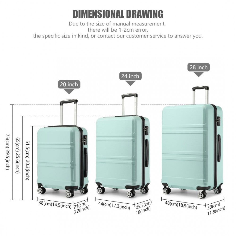 K1871-1L - KONO ABS SCULPTED HORIZONTAL DESIGN 3 PIECE SUITCASE SET - MINT GREEN - The Baggage Shop