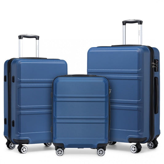 K1871-1L - KONO ABS SCULPTED HORIZONTAL DESIGN 3 PIECE SUITCASE SET - NAVY BLUE - The Baggage Shop