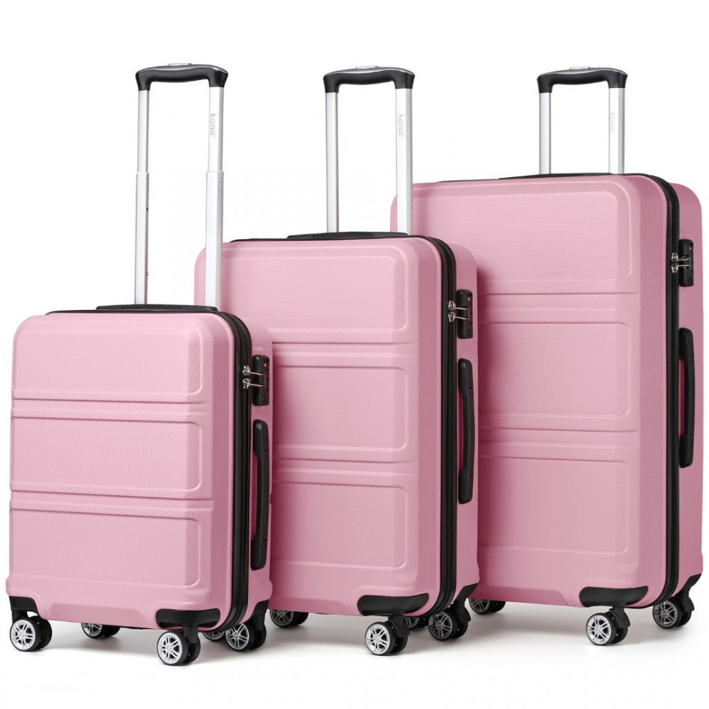 K1871-1L - KONO ABS SCULPTED HORIZONTAL DESIGN 3 PIECE SUITCASE SET - PINK - The Baggage Shop