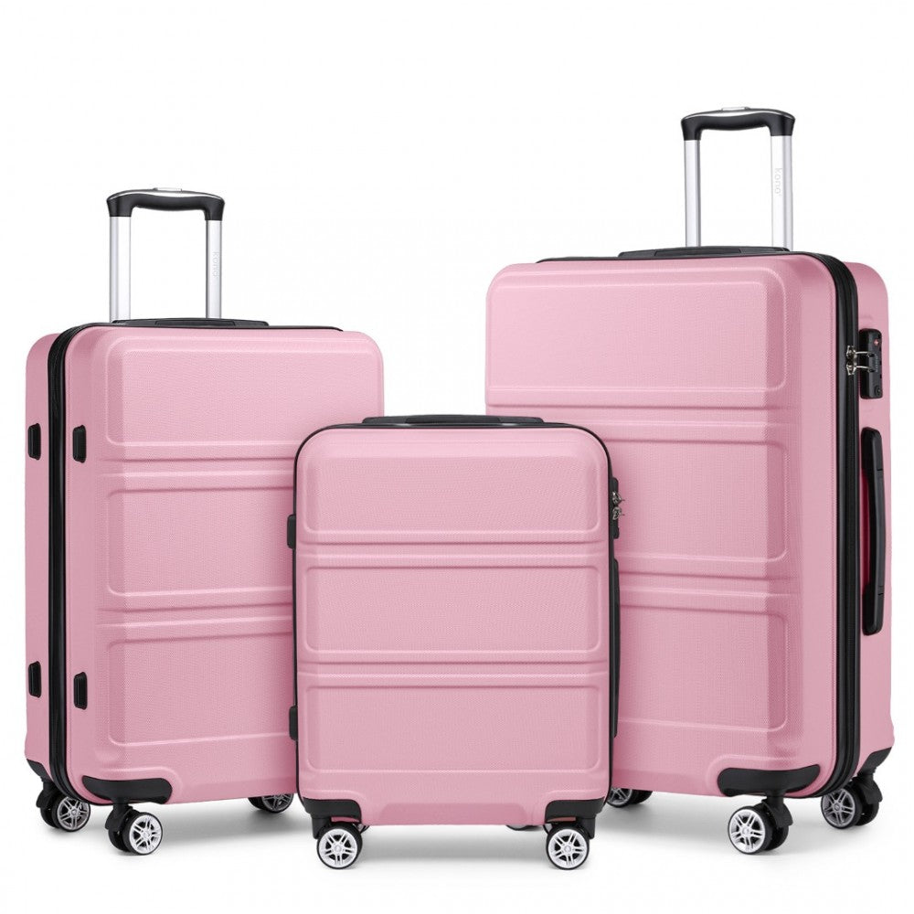 K1871-1L - KONO ABS SCULPTED HORIZONTAL DESIGN 3 PIECE SUITCASE SET - PINK - The Baggage Shop