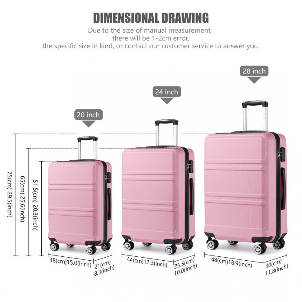 K1871-1L - KONO ABS SCULPTED HORIZONTAL DESIGN 3 PIECE SUITCASE SET - PINK - The Baggage Shop