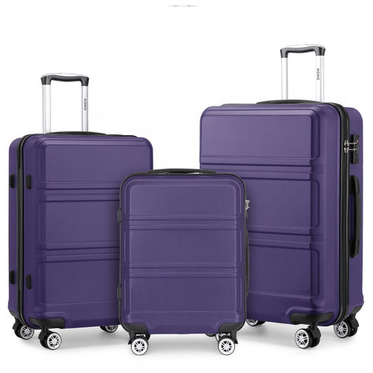K1871-1L - KONO ABS SCULPTED HORIZONTAL DESIGN 3 PIECE SUITCASE SET - PURPLE - The Baggage Shop