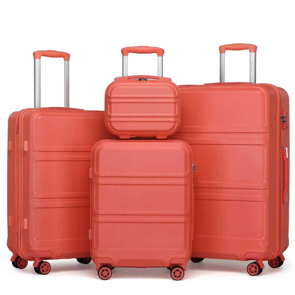 K1871-1L - KONO ABS SCULPTED HORIZONTAL DESIGN 4 PCS SUITCASE SET WITH VANITY CASE - CORAL - The Baggage Shop