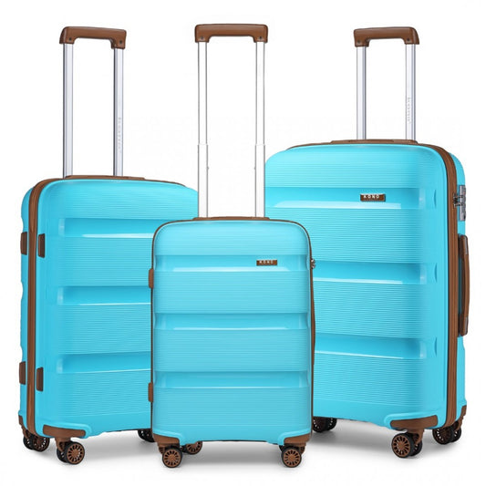 K2092L - KONO BRIGHT HARD SHELL PP SUITCASE 3 PIECES SET - CLASSIC COLLECTION - BLUE AND BROWN - The Baggage Shop