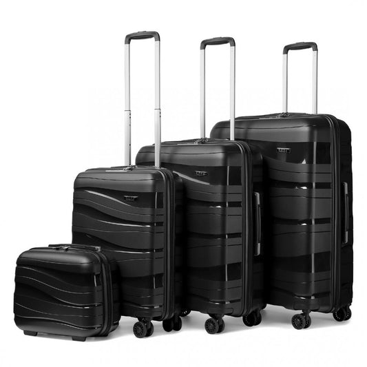 K2094L - KONO LIGHTWEIGHT POLYPROPYLENE HARD SHELL 4 PIECE SUITCASE SET WITH TSA LOCK AND VANITY CASE - BLACK - The Baggage Shop