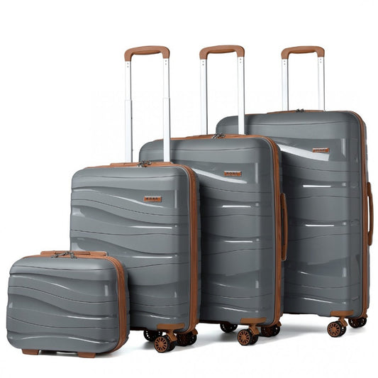 K2094L - KONO LIGHTWEIGHT POLYPROPYLENE HARD SHELL 4 PIECE SUITCASE SET WITH TSA LOCK AND VANITY CASE - GREY AND BROWN - The Baggage Shop