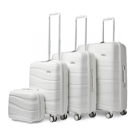 K2094L - KONO LIGHTWEIGHT POLYPROPYLENE HARD SHELL 4 PIECE SUITCASE SET WITH TSA LOCK AND VANITY CASE - WHITE - The Baggage Shop
