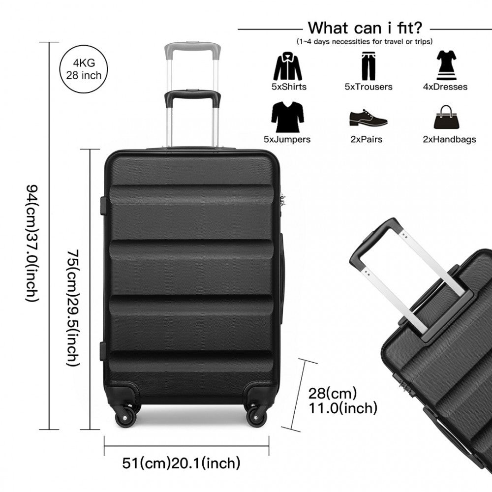 K2191L - KONO 28 INCH CHECK IN LUGGAGE - STREAMLINED ABS HARDSHELL SUITCASE WITH SECURE TSA LOCK - BLACK - The Baggage Shop