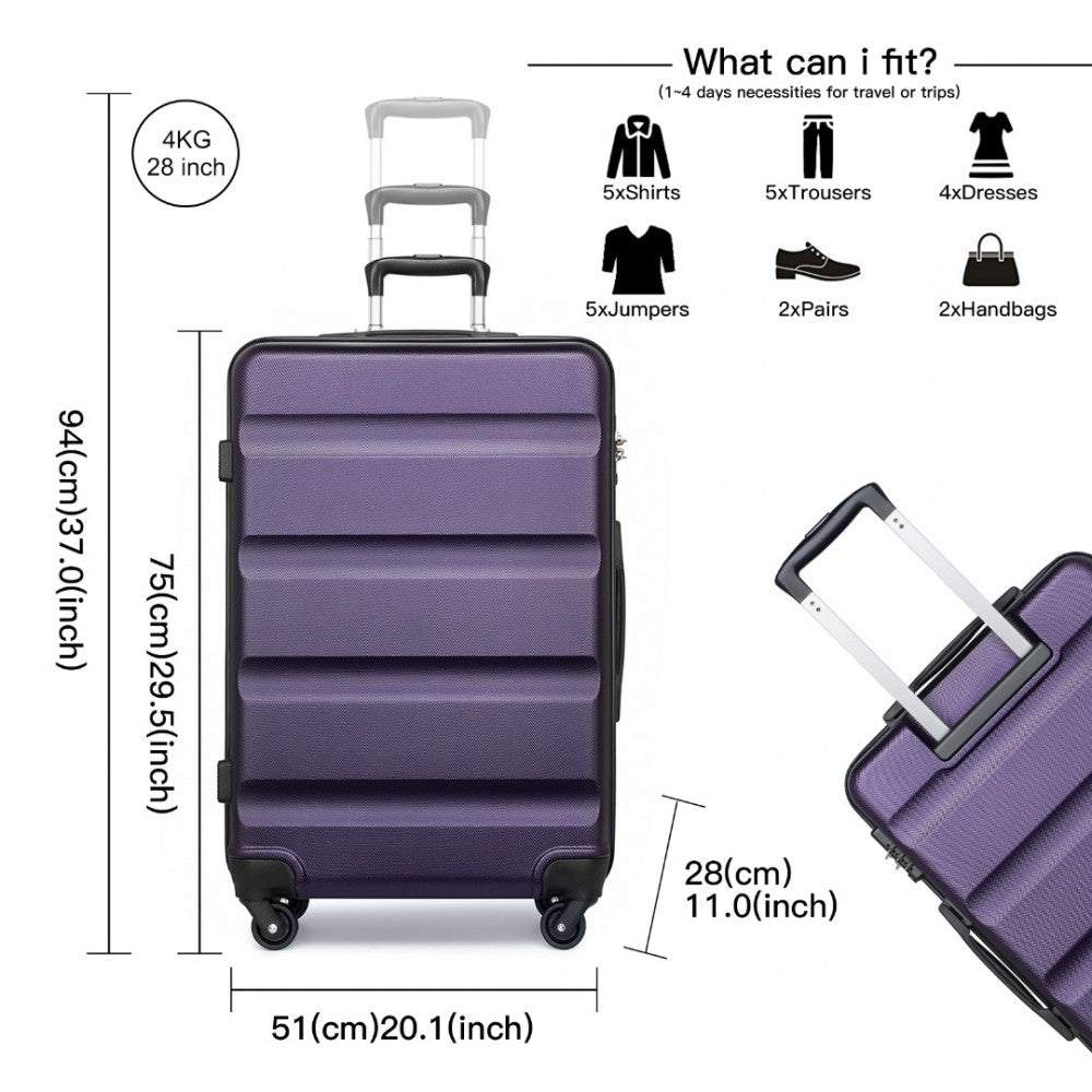 K2191L - KONO 3-PIECE LIGHTWEIGHT ABS HARDSHELL SUITCASE SET - 19, 24, 28 INCH WITH SECURE TSA LOCK - PURPLE - The Baggage Shop