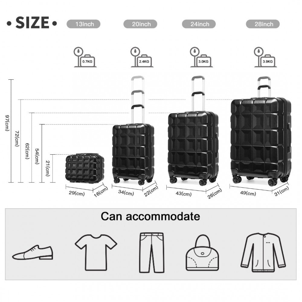 K2292L - KONO LIGHTWEIGHT HARD SHELL ABS SUITCASE WITH TSA LOCK AND VANITY CASE 4 PIECE SET - BLACK - The Baggage Shop