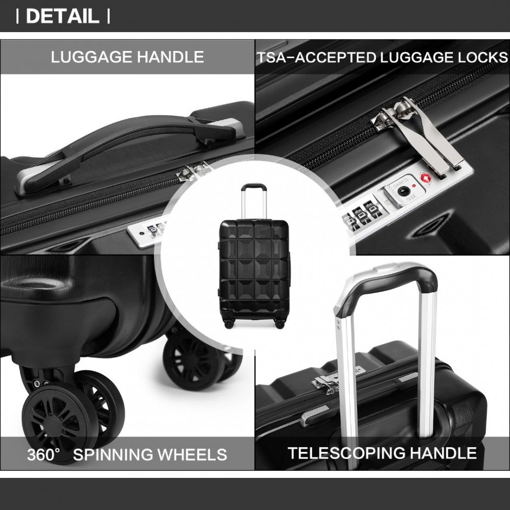 K2292L - KONO LIGHTWEIGHT HARD SHELL ABS SUITCASE WITH TSA LOCK AND VANITY CASE 4 PIECE SET - BLACK - The Baggage Shop