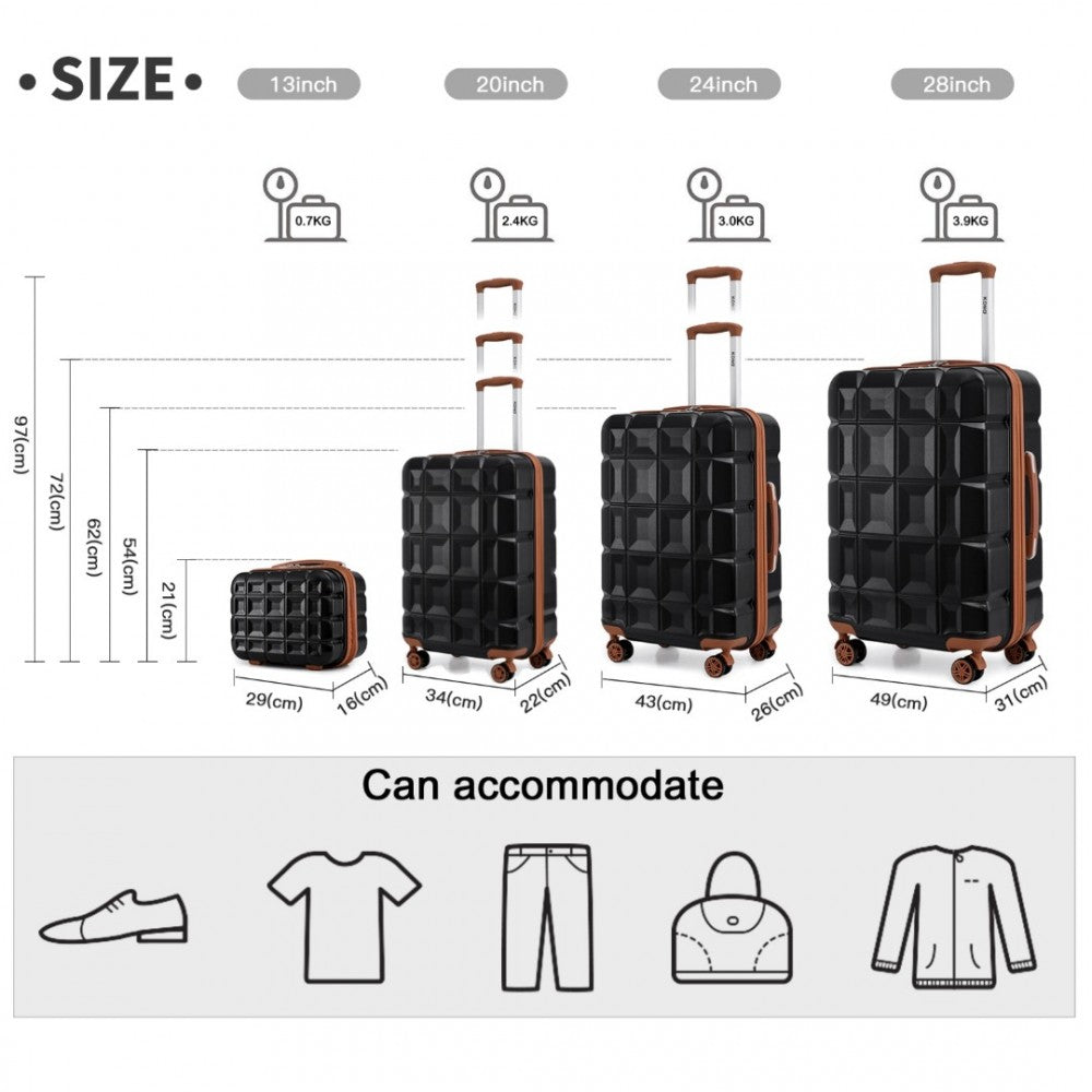 K2292L - KONO LIGHTWEIGHT HARD SHELL ABS SUITCASE WITH TSA LOCK AND VANITY CASE 4 PIECE SET - BLACK AND BROWN - The Baggage Shop
