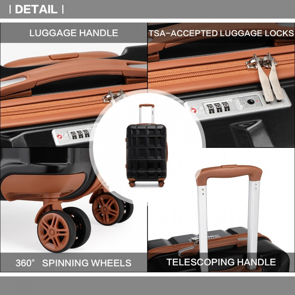 K2292L - KONO LIGHTWEIGHT HARD SHELL ABS SUITCASE WITH TSA LOCK AND VANITY CASE 4 PIECE SET - BLACK AND BROWN - The Baggage Shop