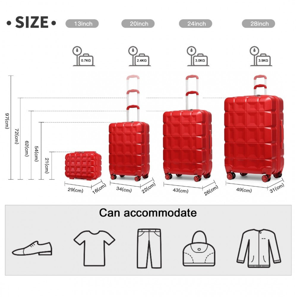 K2292L - KONO LIGHTWEIGHT HARD SHELL ABS SUITCASE WITH TSA LOCK AND VANITY CASE 4 PIECE SET - RED - The Baggage Shop
