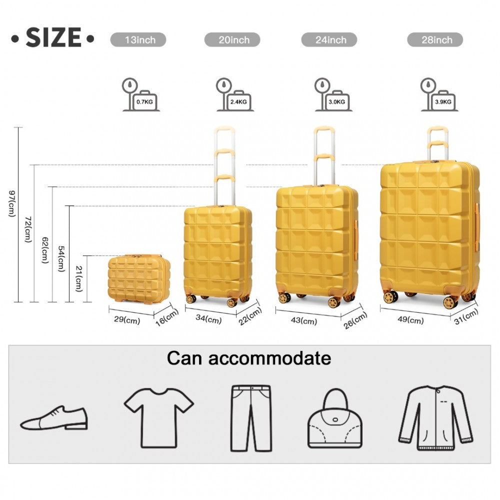 K2292L - KONO LIGHTWEIGHT HARD SHELL ABS SUITCASE WITH TSA LOCK AND VANITY CASE 4 PIECE SET - YELLOW - The Baggage Shop