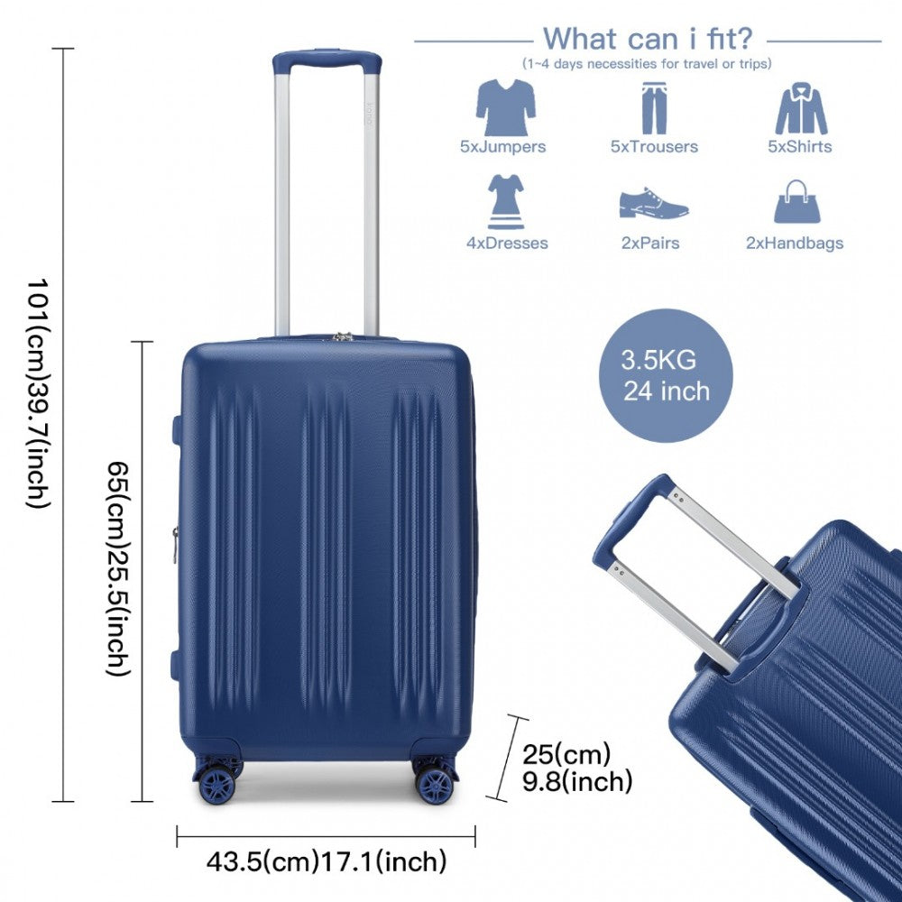 KSK2483 - KONO 24 INCH SLEEK STRIPED CHECK-IN SUITCASE EXPANDABLE DURABLE ABS+PC LUGGAGE WITH FOUR SPINNER WHEELS TSA LOCK - NAVY - The Baggage Shop