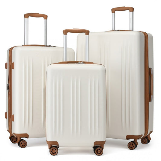 KSK2483 - KONO 3 PIECE LUGGAGE SET 20/24/28 INCH SLEEK STRIPED EXPANDABLE ABS+PC SUITCASE WITH TSA LOCK AND FOUR SPINNER WHEELS - CREAM AND BROWN - The Baggage Shop