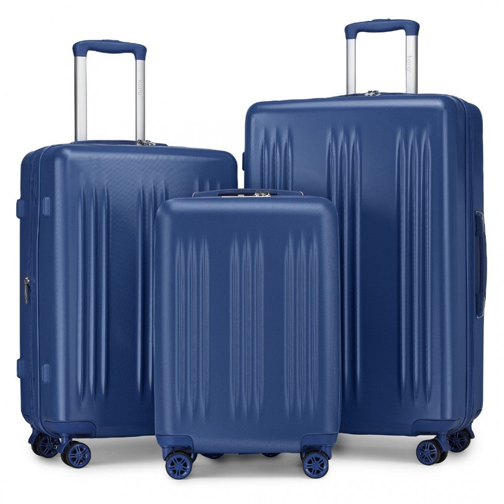 KSK2483 - KONO 3 PIECE LUGGAGE SET 20/24/28 INCH SLEEK STRIPED EXPANDABLE ABS+PC SUITCASE WITH TSA LOCK AND FOUR SPINNER WHEELS - NAVY - The Baggage Shop
