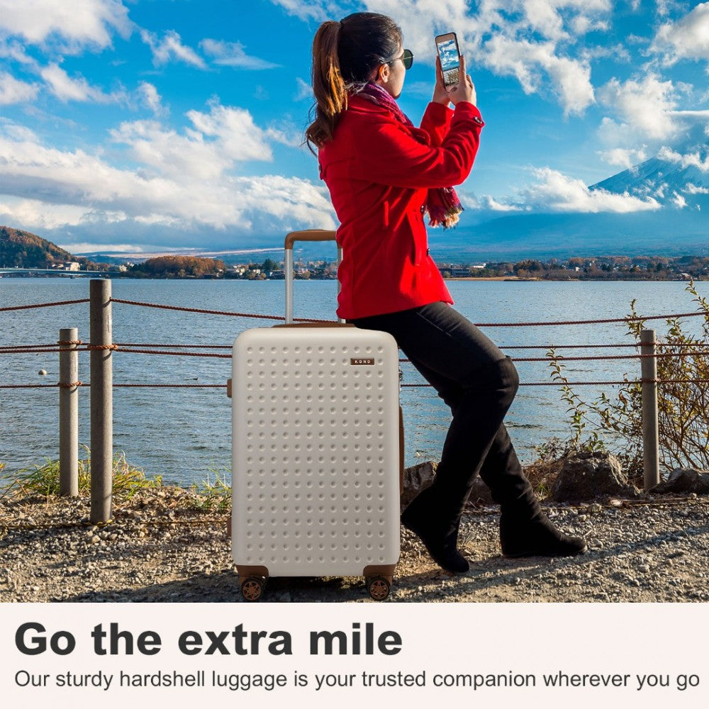 KSK2486 - KONO STYLISH ABS+PC 28 INCH POLKA DOT HARD SHELL SUITCASE WITH TSA LOCK - CREAM AND BROWN - The Baggage Shop