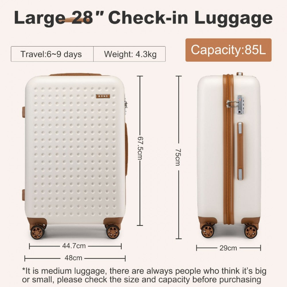 KSK2486 - KONO STYLISH ABS+PC 28 INCH POLKA DOT HARD SHELL SUITCASE WITH TSA LOCK - CREAM AND BROWN - The Baggage Shop