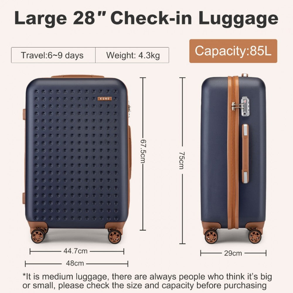 KSK2486 - KONO STYLISH ABS+PC 28 INCH POLKA DOT HARD SHELL SUITCASE WITH TSA LOCK - NAVY AND BROWN - The Baggage Shop