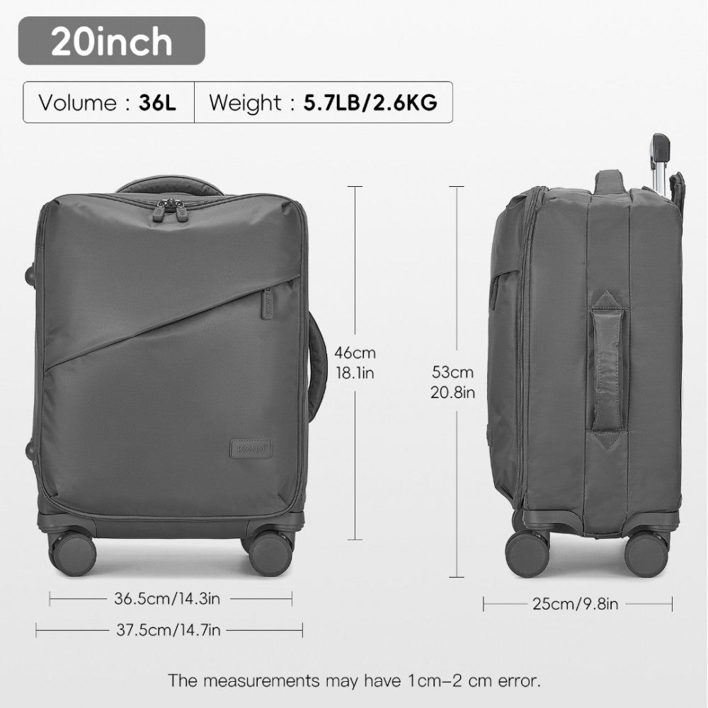 KSK2491 - KONO 20 INCH LIGHTWEIGHT SOFT SHELL CARRY ON CABIN SIZE SUITCASE WITH TSA LOCK AND SEPARATE WET/DRY COMPARTMENT - GREY - The Baggage Shop
