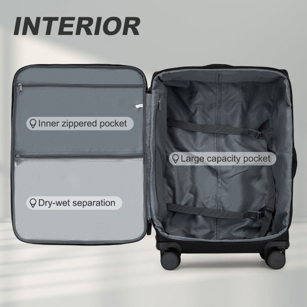 KSK2491 - KONO 20 INCH LIGHTWEIGHT SOFT SHELL CARRY ON CABIN SIZE SUITCASE WITH TSA LOCK AND SEPARATE WET/DRY COMPARTMENT - BLACK - The Baggage Shop