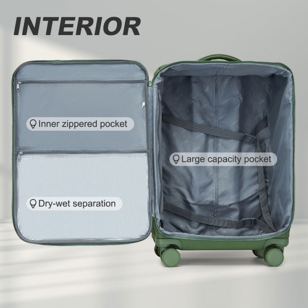 KSK2491 - KONO 20 INCH LIGHTWEIGHT SOFT SHELL CARRY ON CABIN SIZE SUITCASE WITH TSA LOCK AND SEPARATE WET/DRY COMPARTMENT - GREEN - The Baggage Shop
