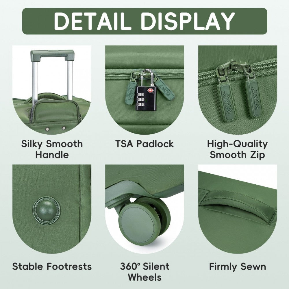 KSK2491 - KONO 20 INCH LIGHTWEIGHT SOFT SHELL CARRY ON CABIN SIZE SUITCASE WITH TSA LOCK AND SEPARATE WET/DRY COMPARTMENT - GREEN - The Baggage Shop