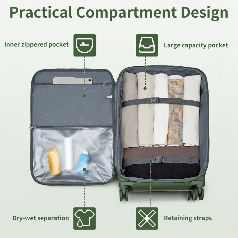 KSK2491 - KONO 20 INCH LIGHTWEIGHT SOFT SHELL CARRY ON CABIN SIZE SUITCASE WITH TSA LOCK AND SEPARATE WET/DRY COMPARTMENT - GREEN - The Baggage Shop