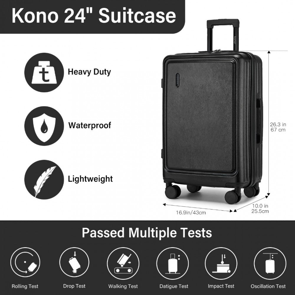 KSK2493 - KONO DURABLE 24 INCH ABS+PC HARDSHELL SUITCASE WITH TSA LOCK LIGHTWEIGHT TRAVEL LUGGAGE WITH 360° SPINNER WHEELS - BLACK - The Baggage Shop