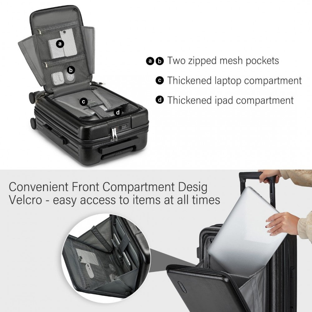 KSK2493 - KONO DURABLE ABS+PC 20 INCH CARRY-ON HARDSHELL SUITCASE WITH TSA LOCK & FRONT LAPTOP COMPARTMENT - BLACK - The Baggage Shop