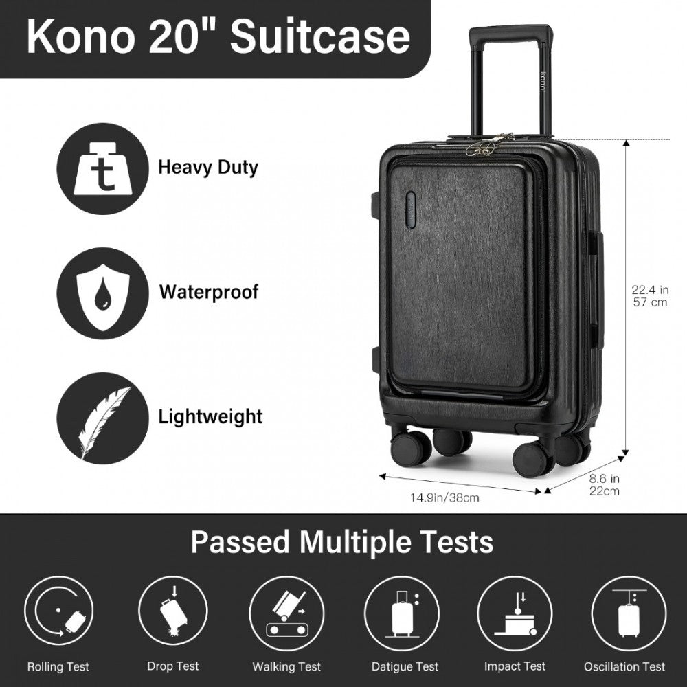 KSK2493 - KONO DURABLE ABS+PC 20 INCH CARRY-ON HARDSHELL SUITCASE WITH TSA LOCK & FRONT LAPTOP COMPARTMENT - BLACK - The Baggage Shop