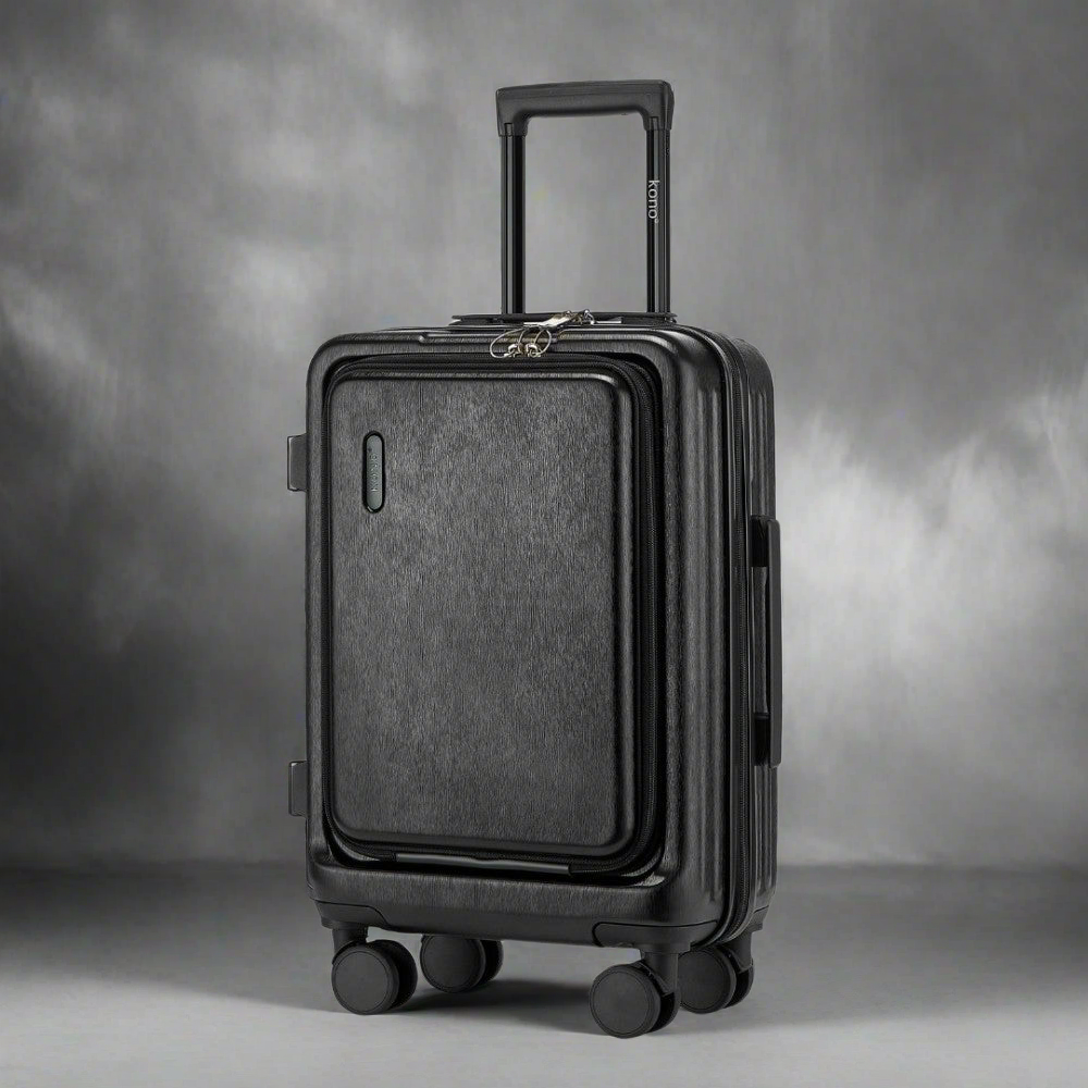 KSK2493 - KONO DURABLE ABS+PC 20 INCH CARRY-ON HARDSHELL SUITCASE WITH TSA LOCK & FRONT LAPTOP COMPARTMENT - BLACK - The Baggage Shop