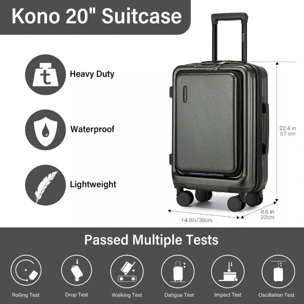 KSK2493 - KONO DURABLE ABS+PC 20 INCH CARRY-ON HARDSHELL SUITCASE WITH TSA LOCK & FRONT LAPTOP COMPARTMENT - GREY - The Baggage Shop