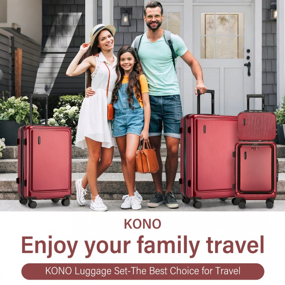 KSK2493 - KONO DURABLE ABS+PC HARDSHELL LUGGAGE SET WITH TSA LOCK 360° SPINNER WHEELS 4-PIECE SET 20/24/28 AND VANITY CASE - BURGUNDY - The Baggage Shop