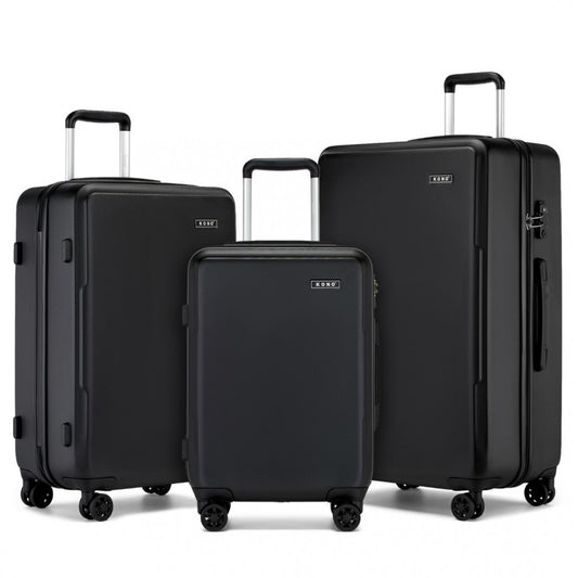 KSK2494 - KONO 3-PIECE MINIMALIST HARD SHELL ABS+PC LUGGAGE SET WITH TSA LOCK AND 360° SPINNER WHEELS - BLACK - The Baggage Shop