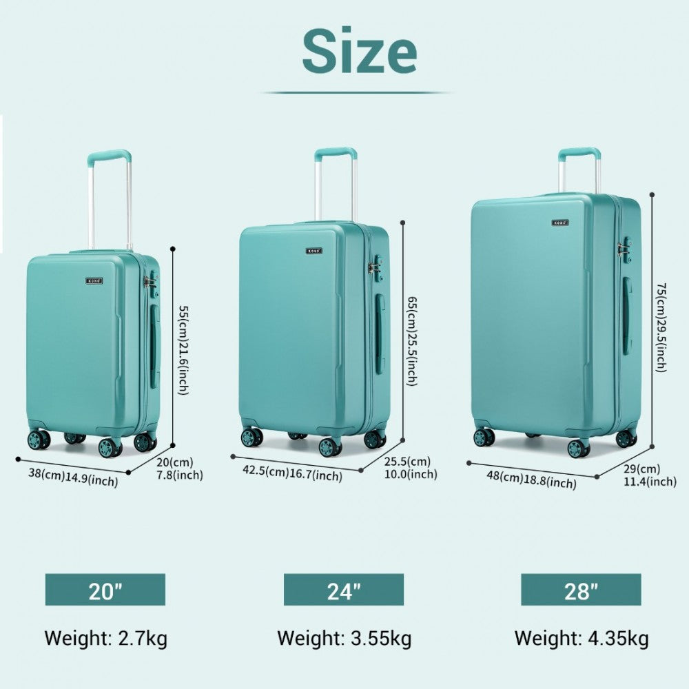 KSK2494 - KONO 3-PIECE MINIMALIST HARD SHELL ABS+PC LUGGAGE SET WITH TSA LOCK AND 360° SPINNER WHEELS - BLUE - The Baggage Shop