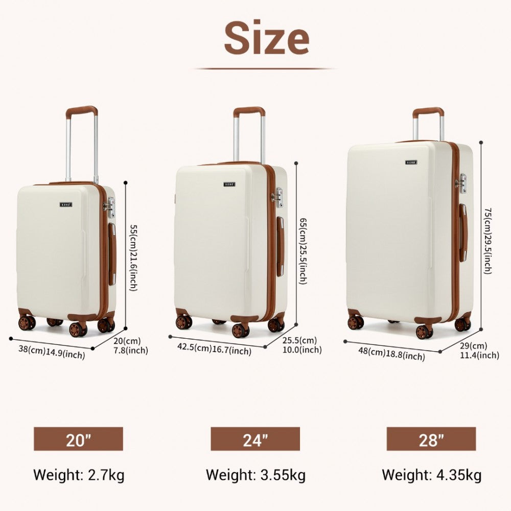 KSK2494 - KONO 3-PIECE MINIMALIST HARD SHELL ABS+PC LUGGAGE SET WITH TSA LOCK AND 360° SPINNER WHEELS - CREAM & BROWN - The Baggage Shop
