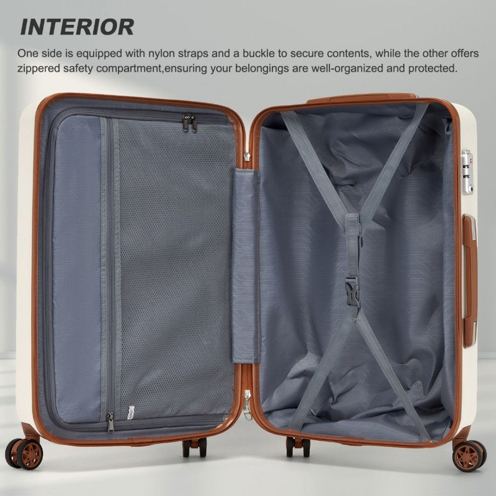 KSK2494 - KONO 3-PIECE MINIMALIST HARD SHELL ABS+PC LUGGAGE SET WITH TSA LOCK AND 360° SPINNER WHEELS - CREAM & BROWN - The Baggage Shop