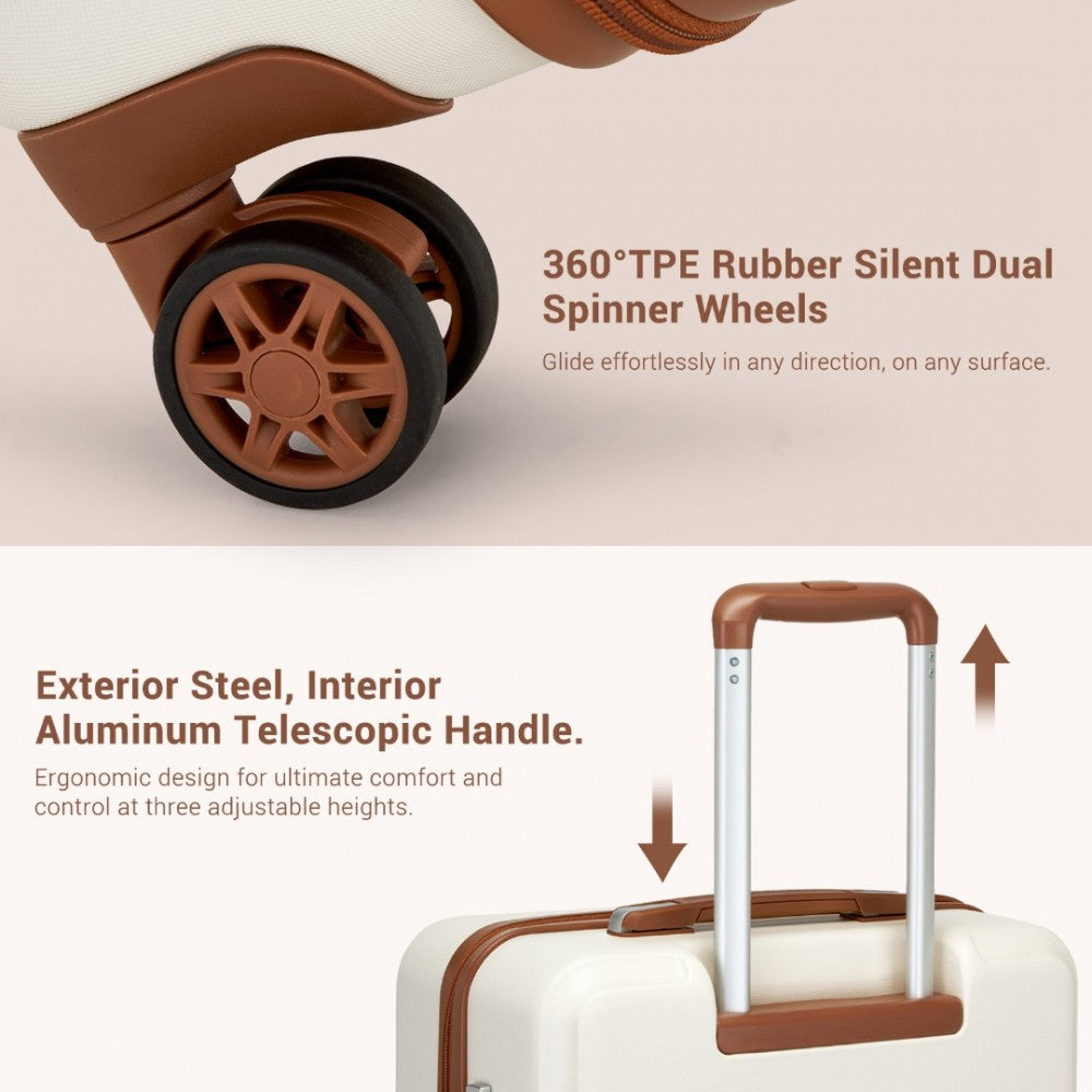 KSK2494 - KONO 3-PIECE MINIMALIST HARD SHELL ABS+PC LUGGAGE SET WITH TSA LOCK AND 360° SPINNER WHEELS - CREAM & BROWN - The Baggage Shop